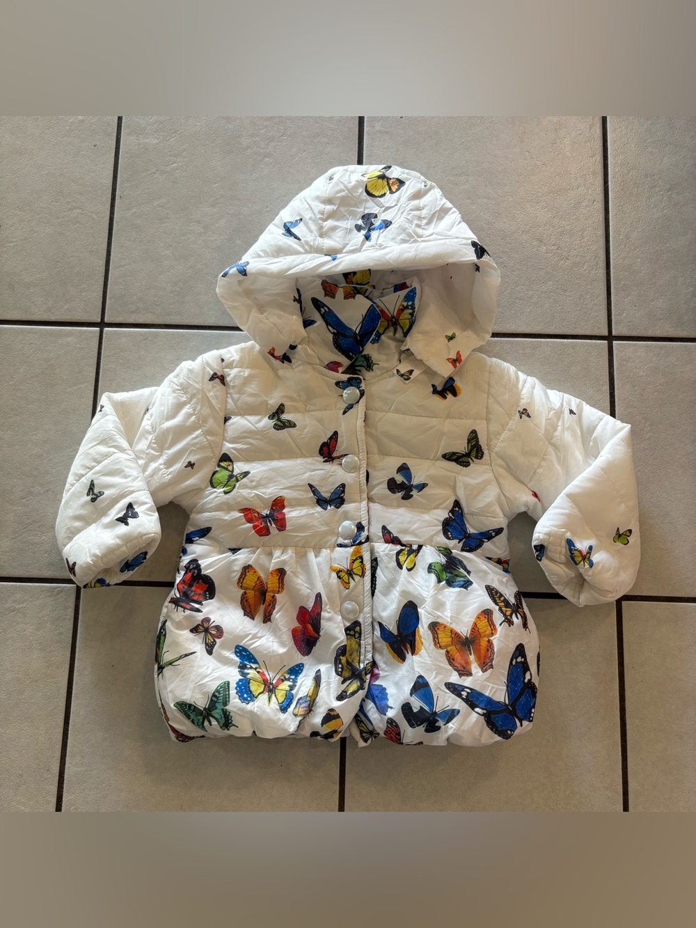 Girls White Hooded Puffer Jacket Butterfly Print Bow Accents Kids Size 3T/4T